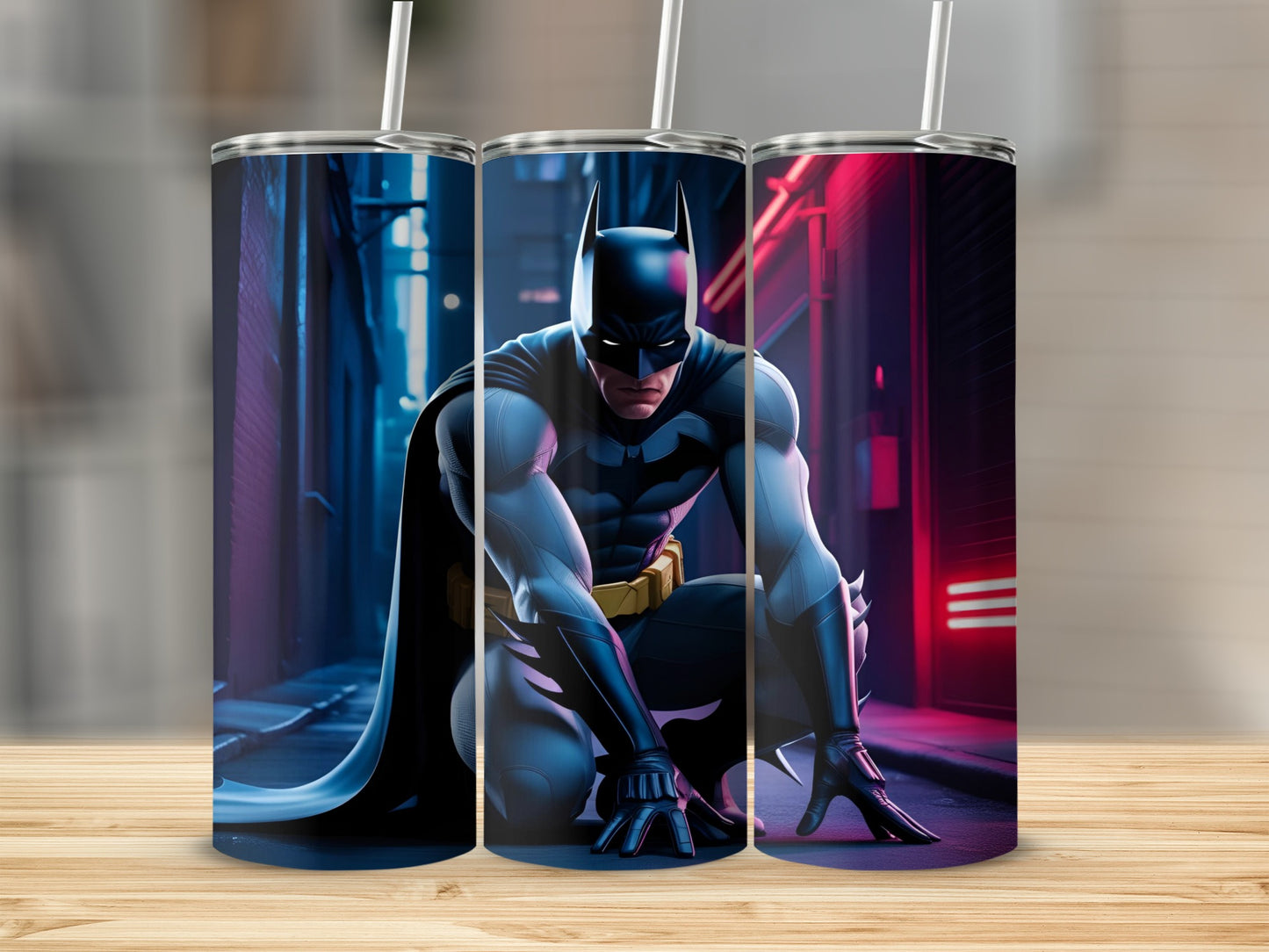Batman crouching in a neon-lit alleyway, featured on three tumblers.