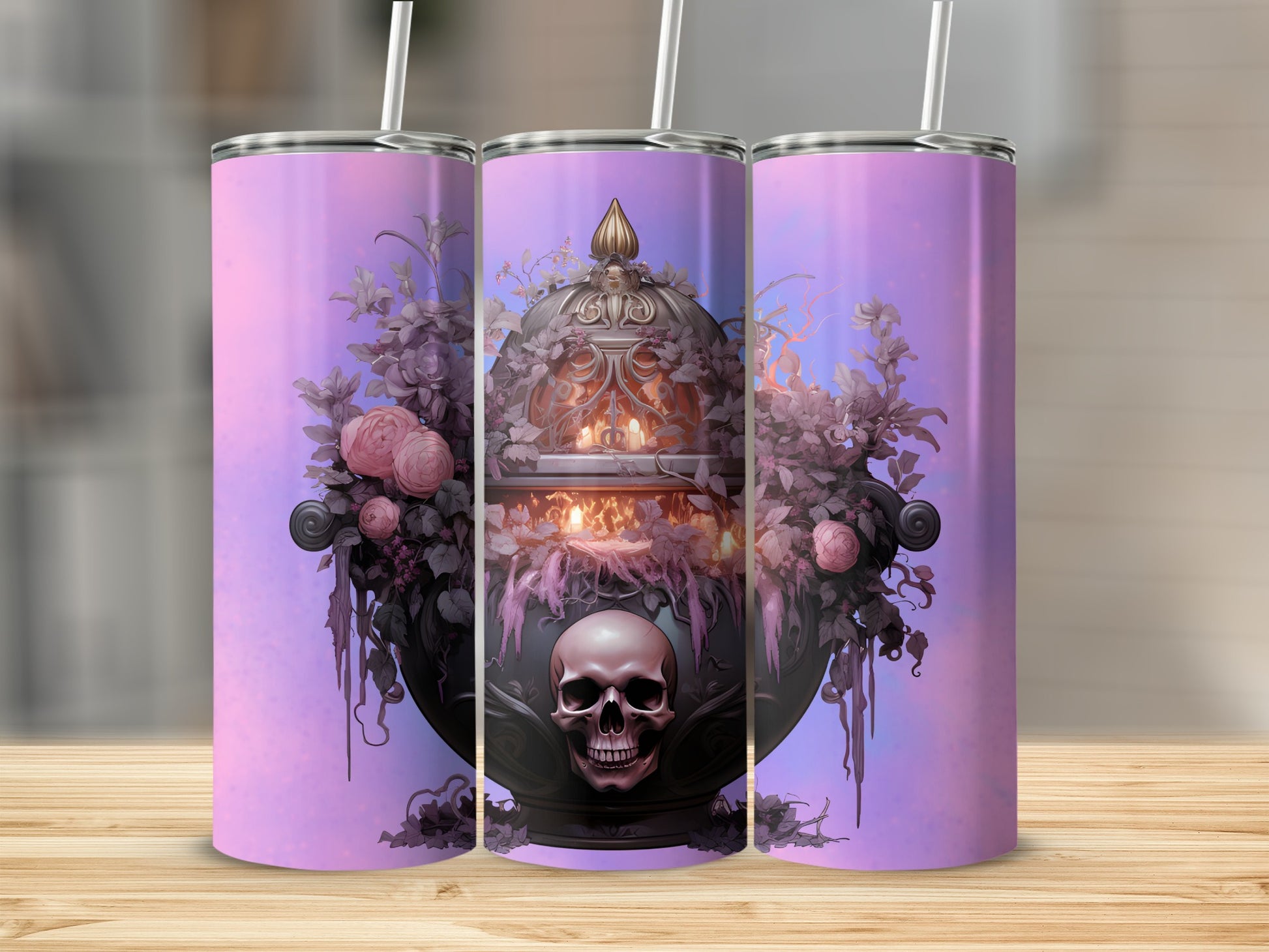 Gothic Skull and Roses Tumbler with Floral Design