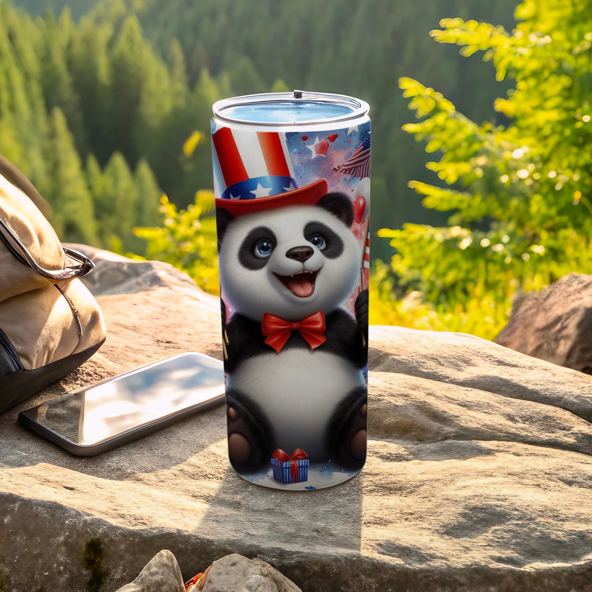 Panda in patriotic hat and bow tie on a tumbler with gifts.