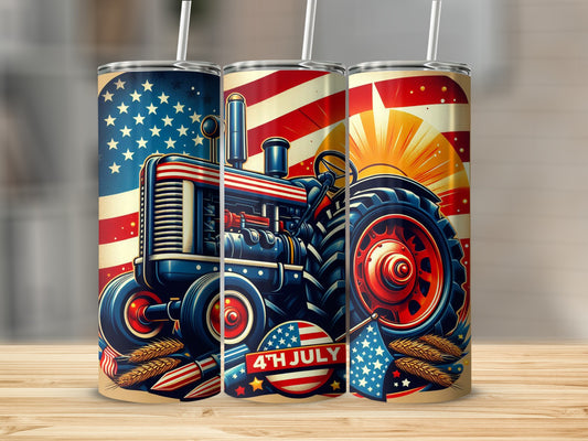 Red, white, and blue tractor with American flag and wheat accents for 4th of July.