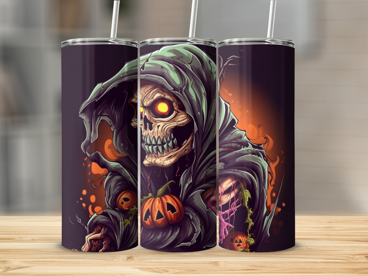 Three tumblers feature a grim reaper with glowing eyes and pumpkins.