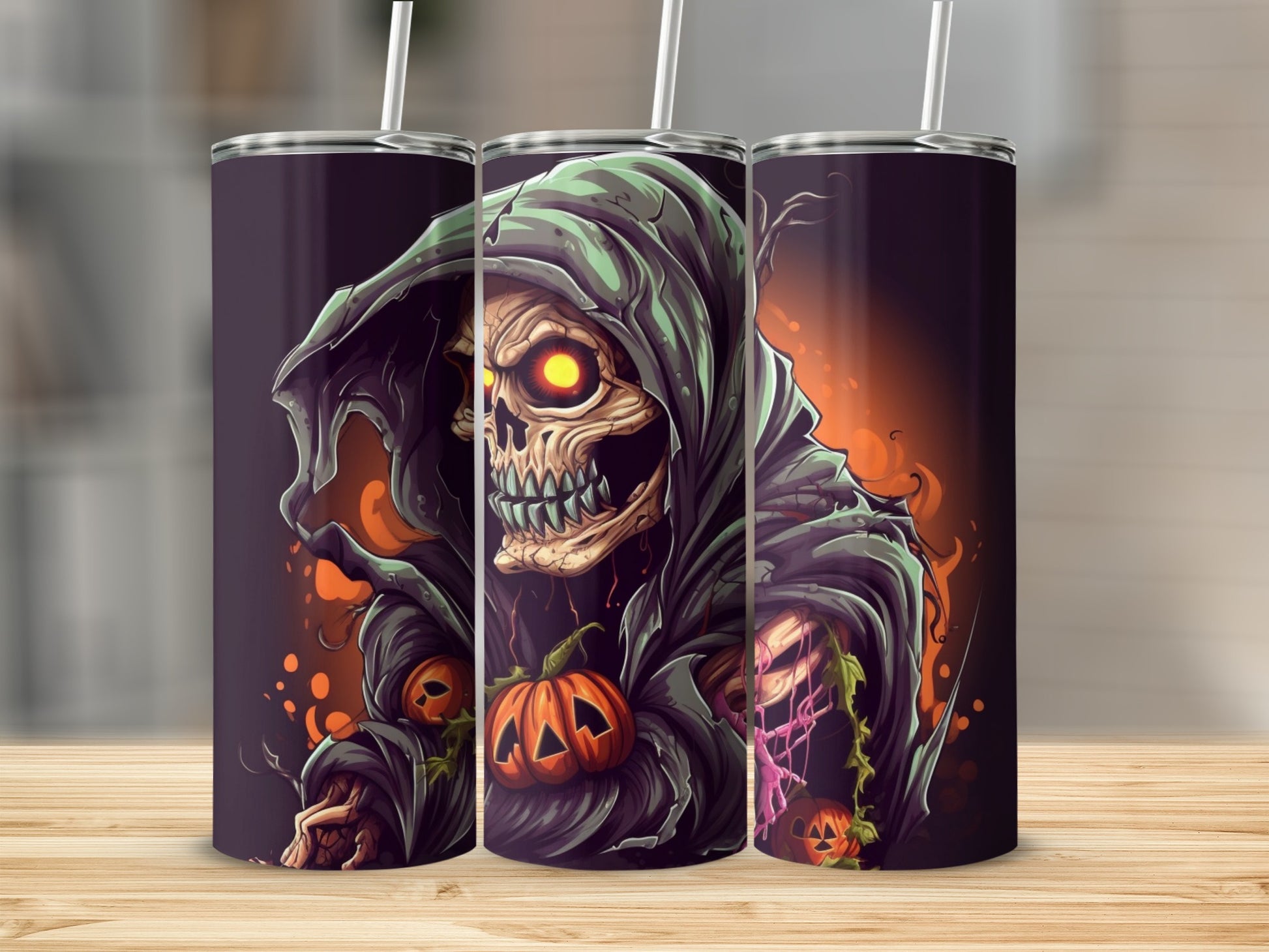 Three tumblers feature a grim reaper with glowing eyes and pumpkins.