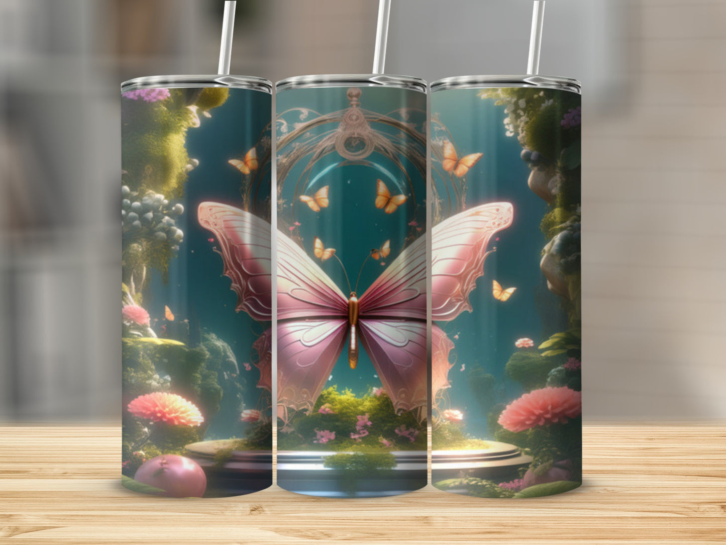 Pink butterfly with ornate archway in a magical garden scene.