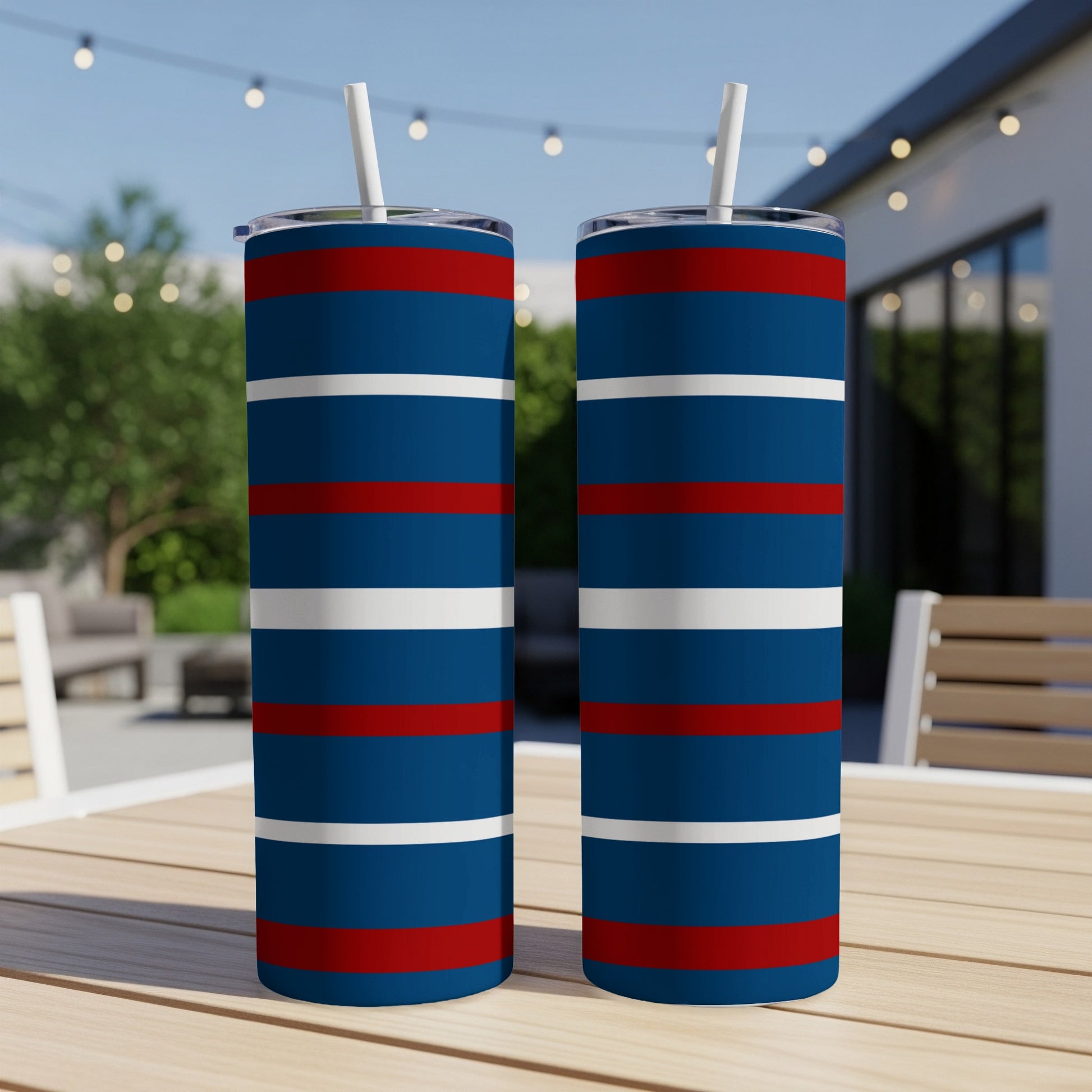 Two striped tumblers with red, white, and blue horizontal bands.