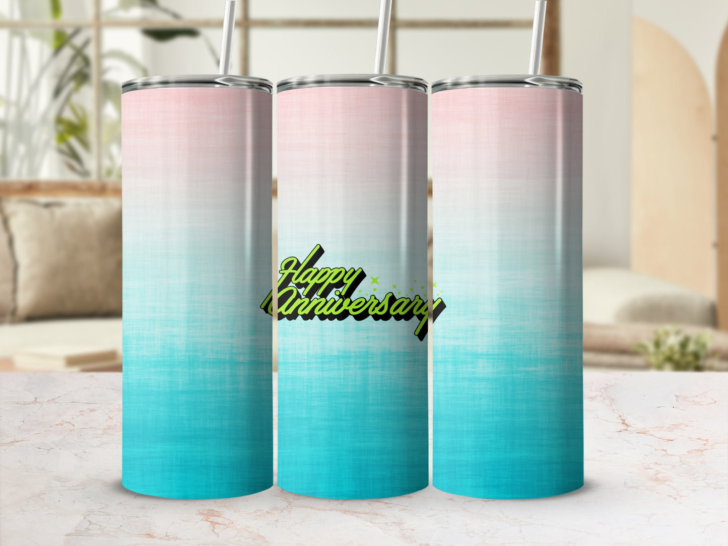 Three tumblers with ombre pink to teal design and "Happy Anniversary" text.