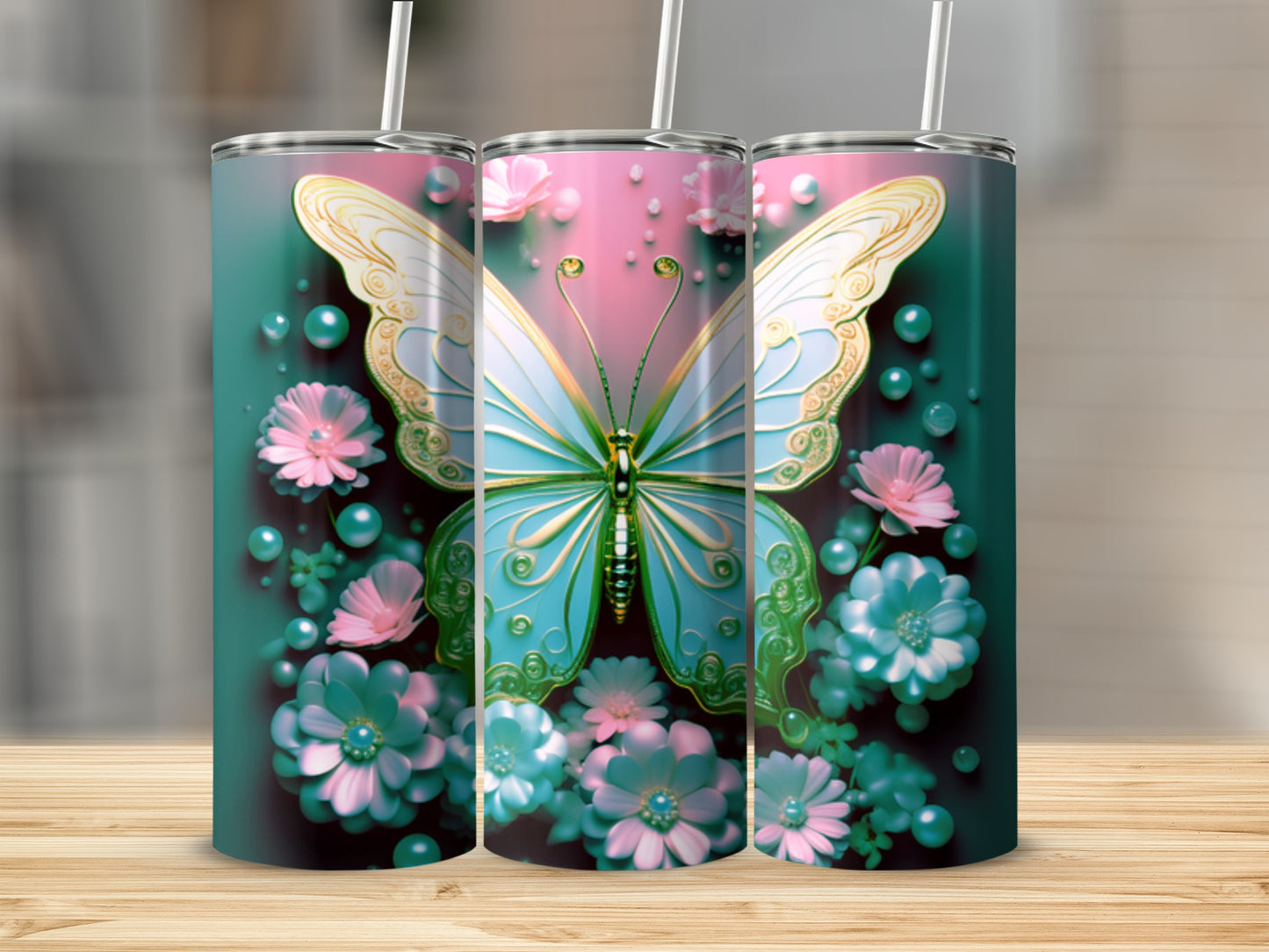Turquoise butterfly with pink and teal floral accents on a tumbler.