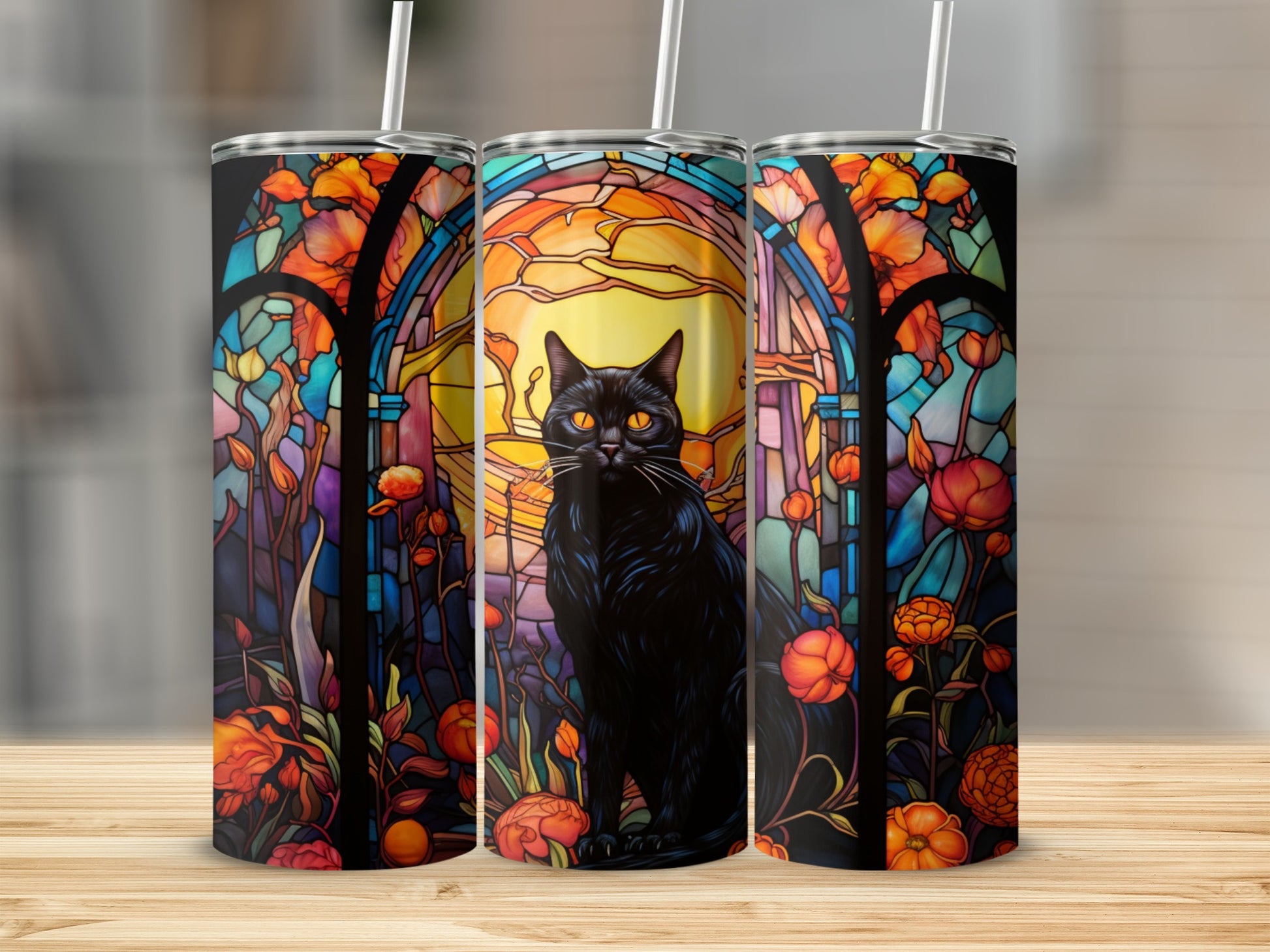 Black cat with bright eyes on a stained glass floral background design.