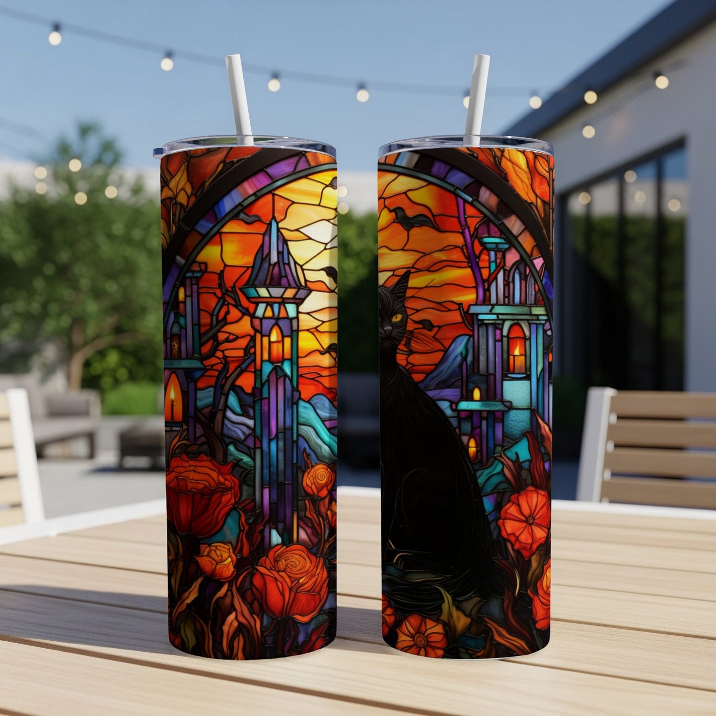 Two tumblers with stained-glass art of a black cat and castle at sunset.
