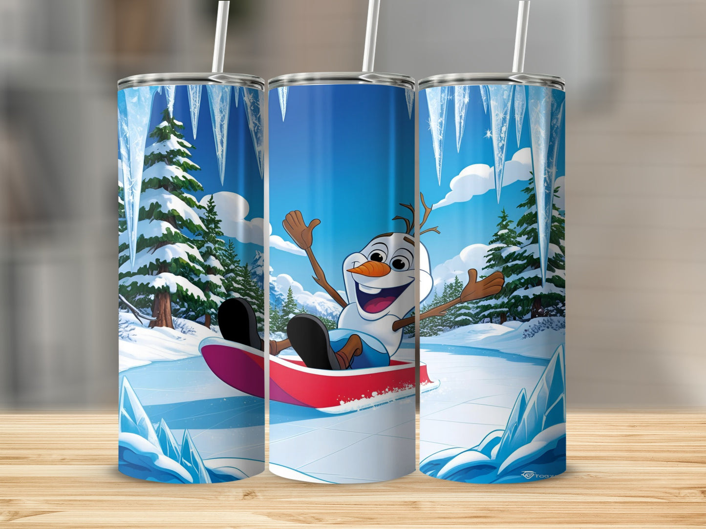 Olaf from Frozen sledding downhill on ice, surrounded by snow and pine trees.