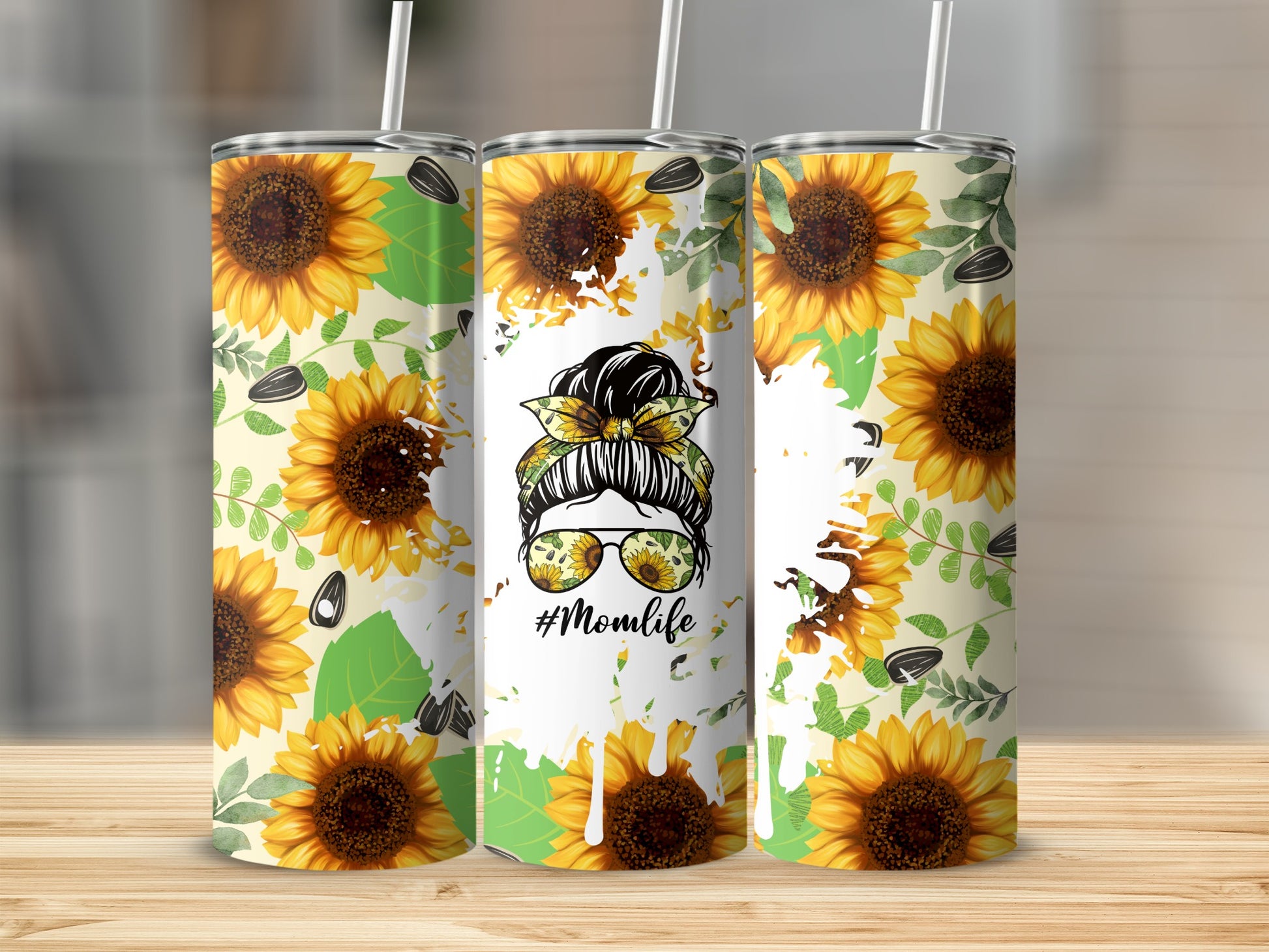 Sunflower #Momlife Tumbler with Straw Trendy Gift