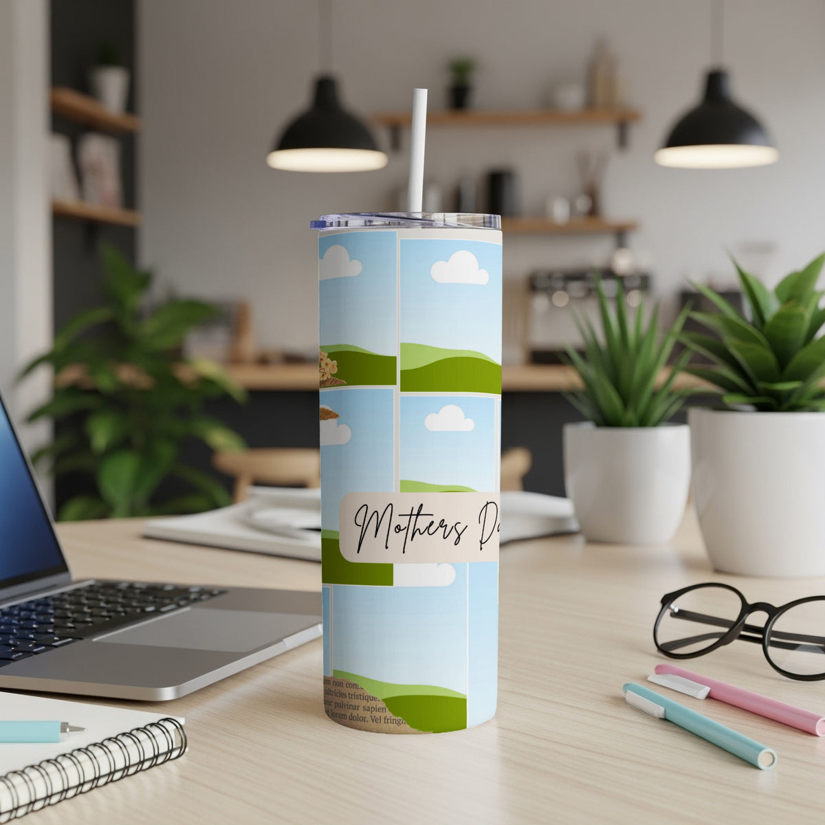 Tall tumbler with "Mothers Day" text and a collage of landscape images.