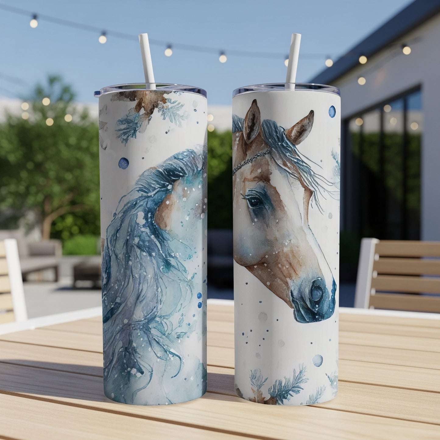 Two tall tumblers with watercolor horse illustrations and floral accents.