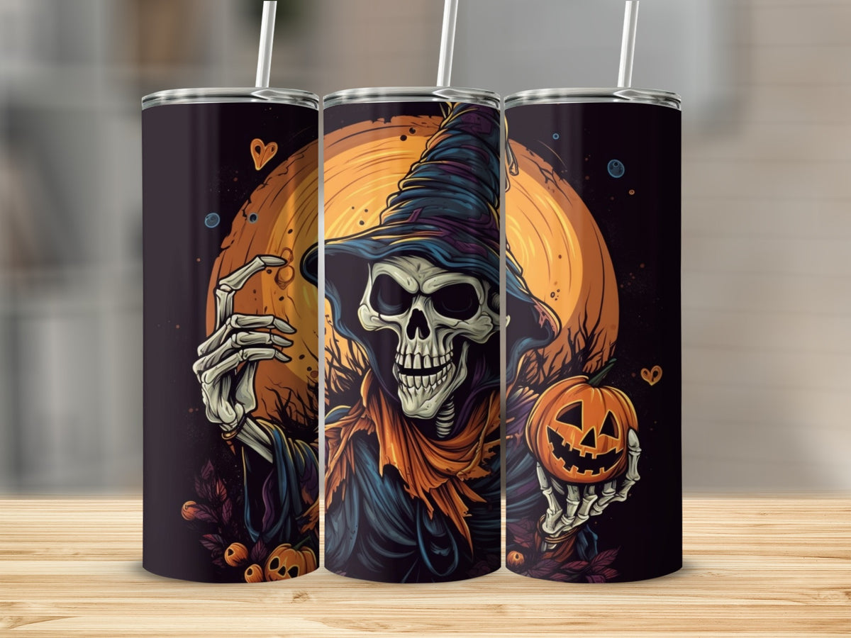 Three tumblers featuring a grim reaper skeleton holding a jack-o'-lantern.