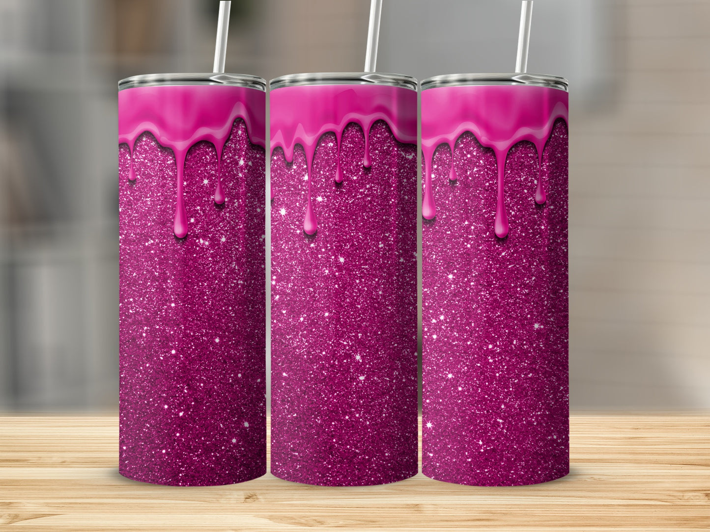 Pink Glitter Tumbler with Dripping Paint Design
