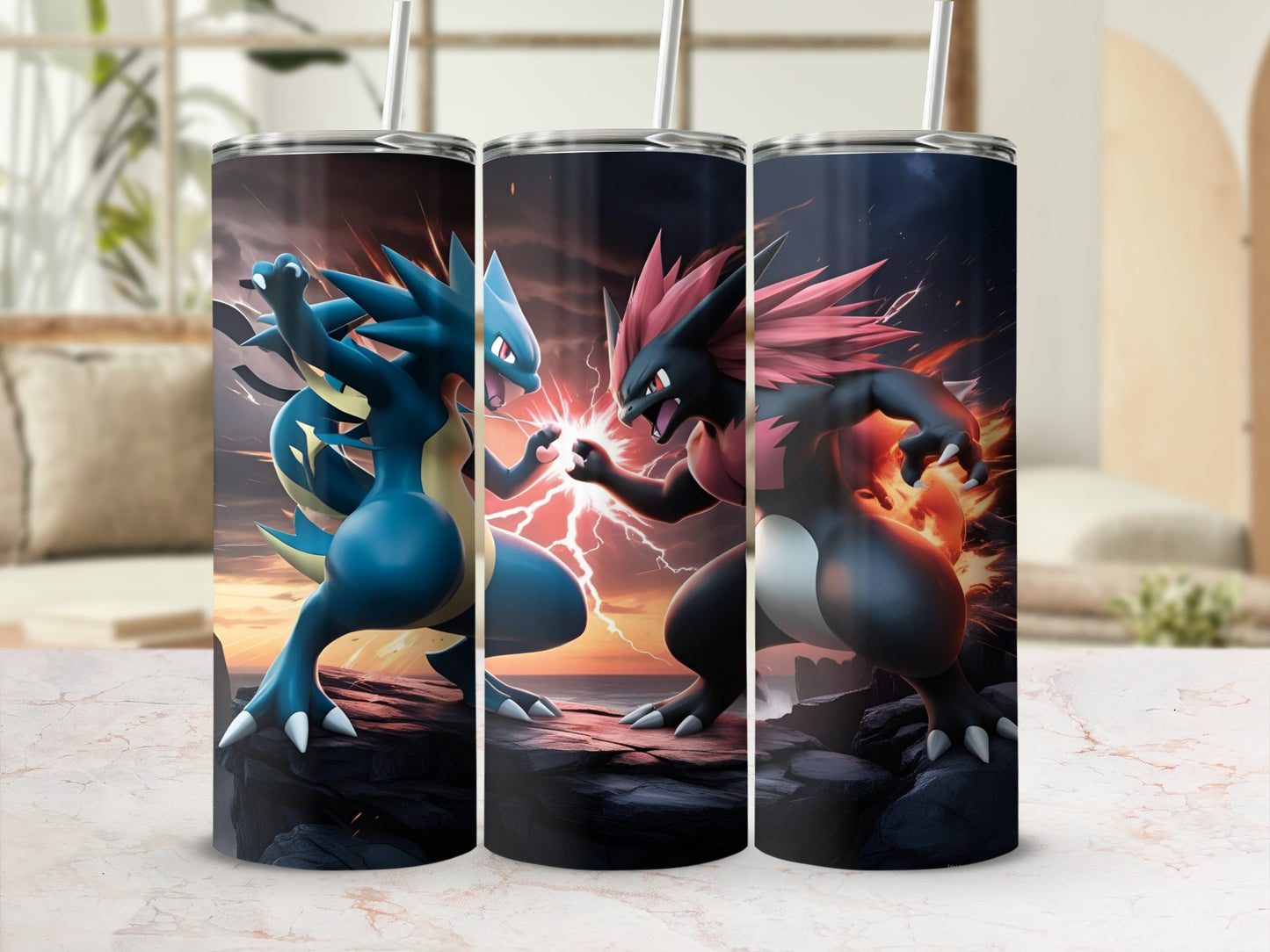 Two Pokémon, a blue dragon and a black-and-red wolf, clash with lightning effects.
