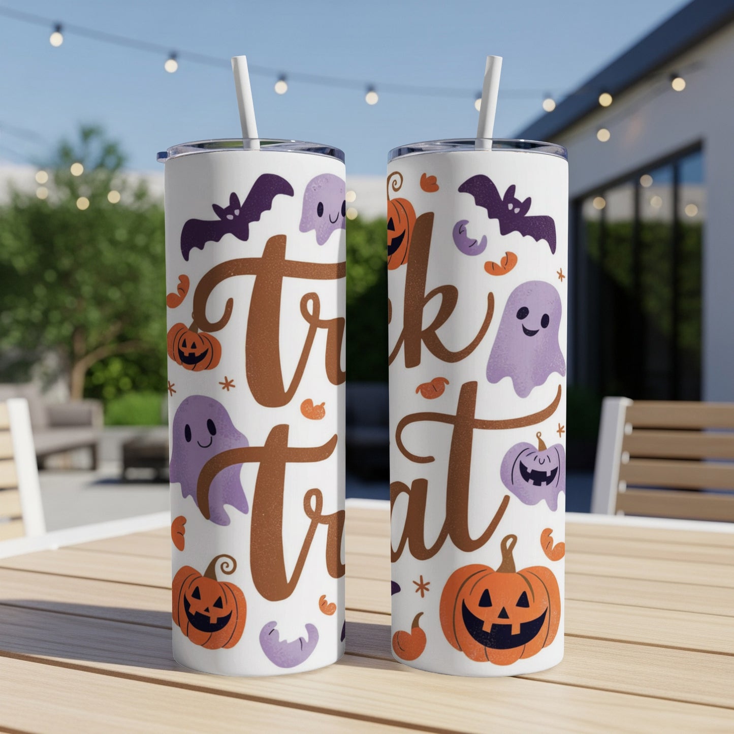 Two white tumblers with "Trick or Treat" in brown script and Halloween graphics.