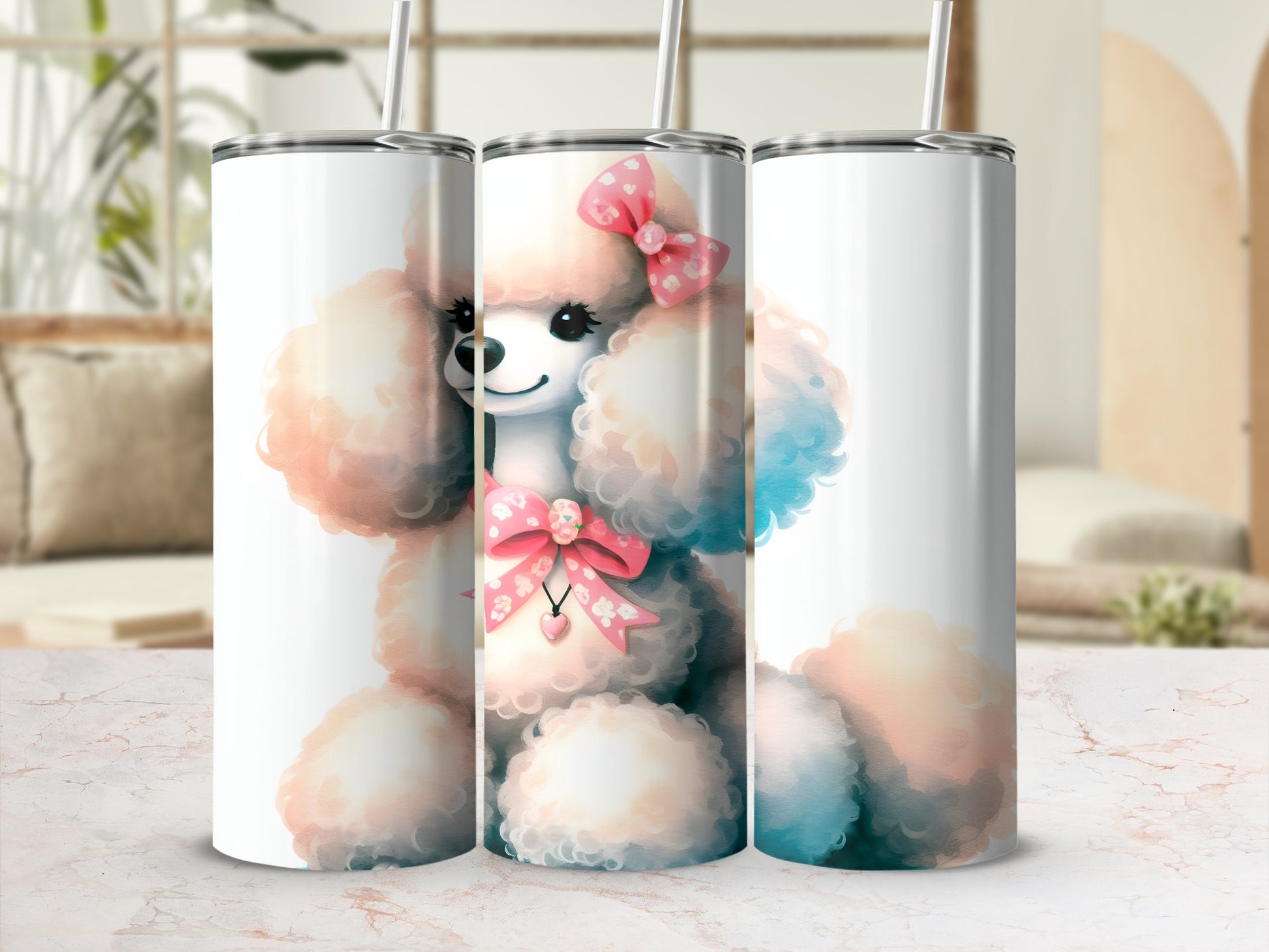 Three white tumblers with a fluffy pink poodle illustration and bows.