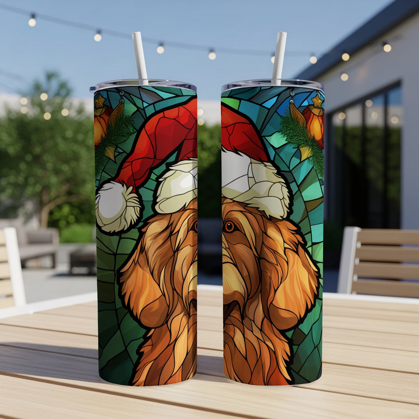 Dog wearing Santa hat, stained glass style, on two tumblers.