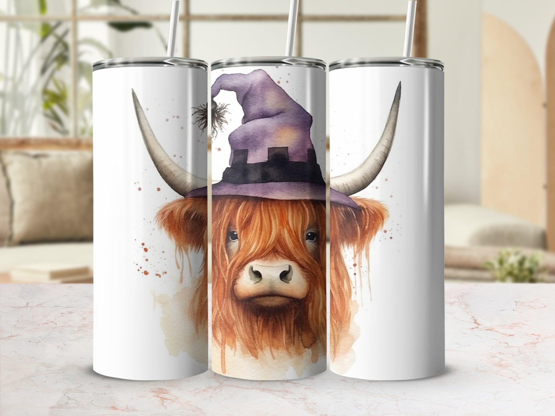 Highland cow wearing a purple witch hat, watercolor illustration.