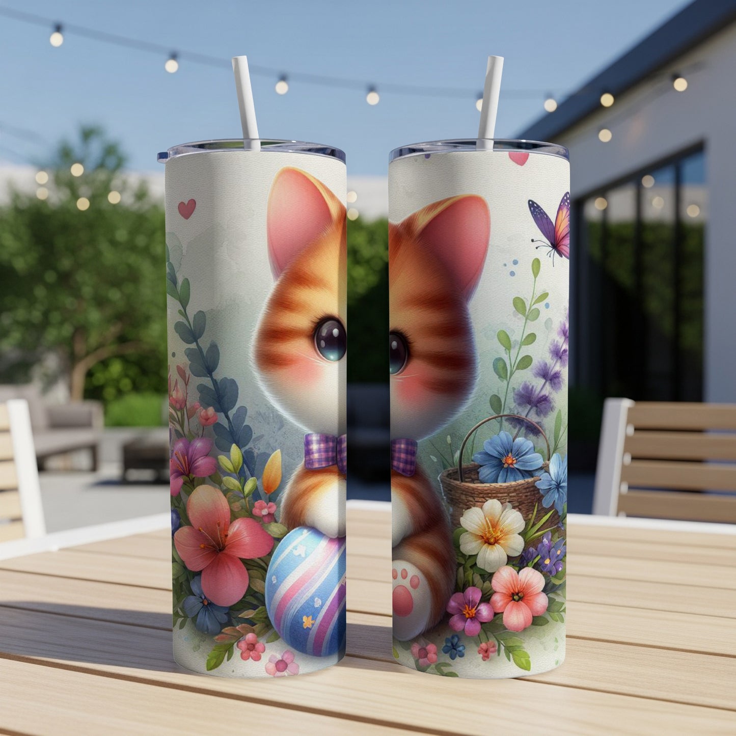 Two tumblers featuring a cartoon kitten holding an Easter egg with floral accents.