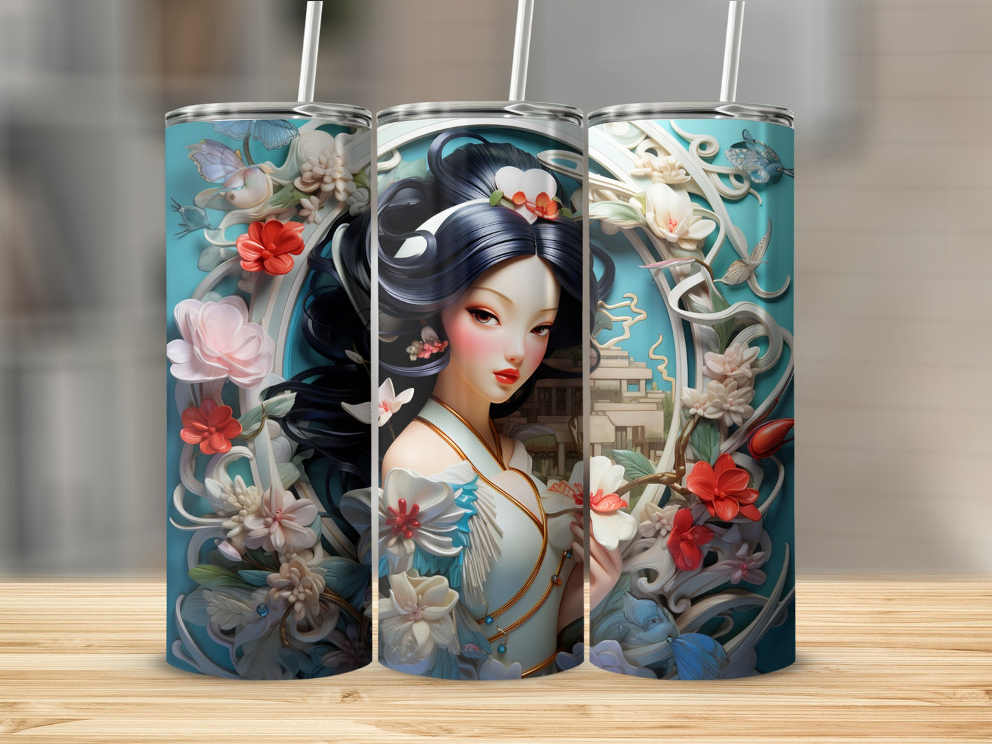 Intricate Asian Art Tumbler with Woman and Florals Design