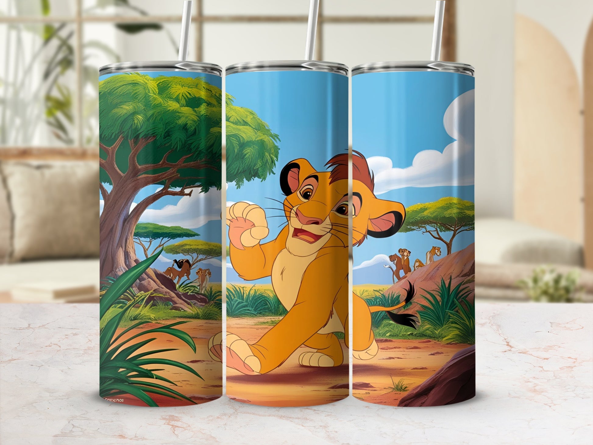 The Lion King's Simba walks forward with Pride Rock and hyenas in the background.
