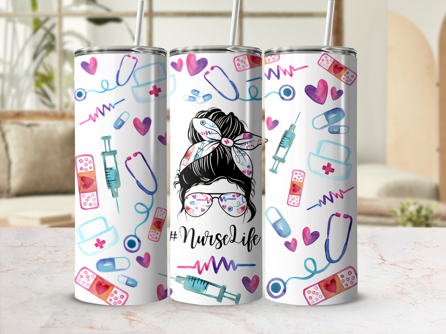 Nurse life tumbler with medical icons and messy bun graphic.