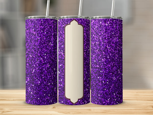 Three purple glitter tumblers with a cream-colored label.