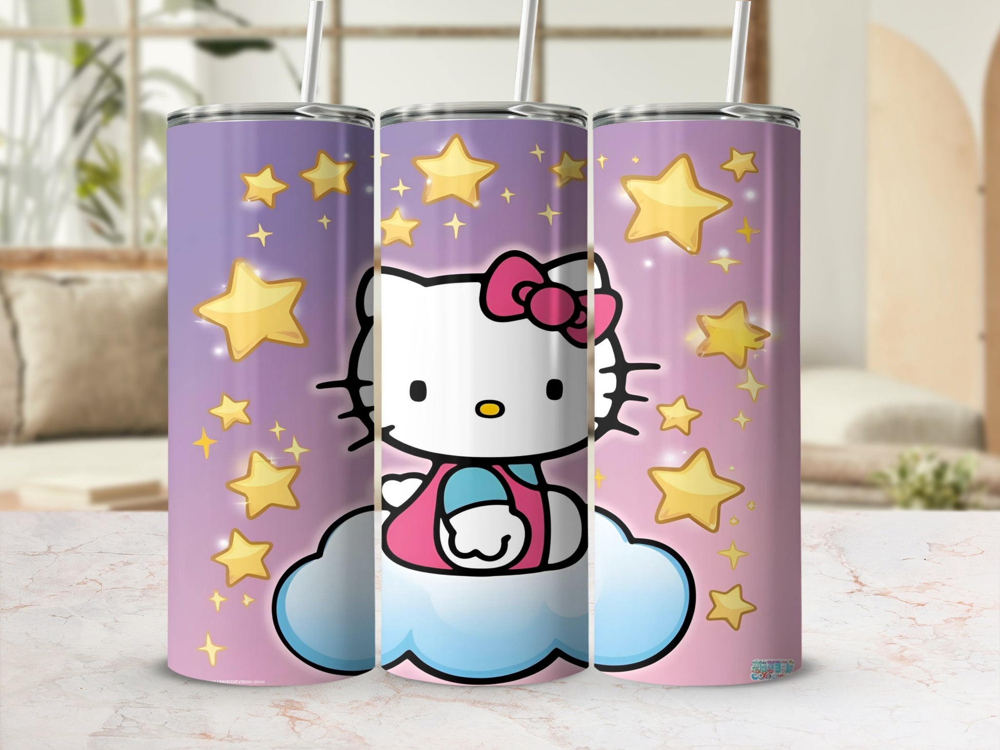 Hello Kitty with pink bow on cloud, surrounded by stars.