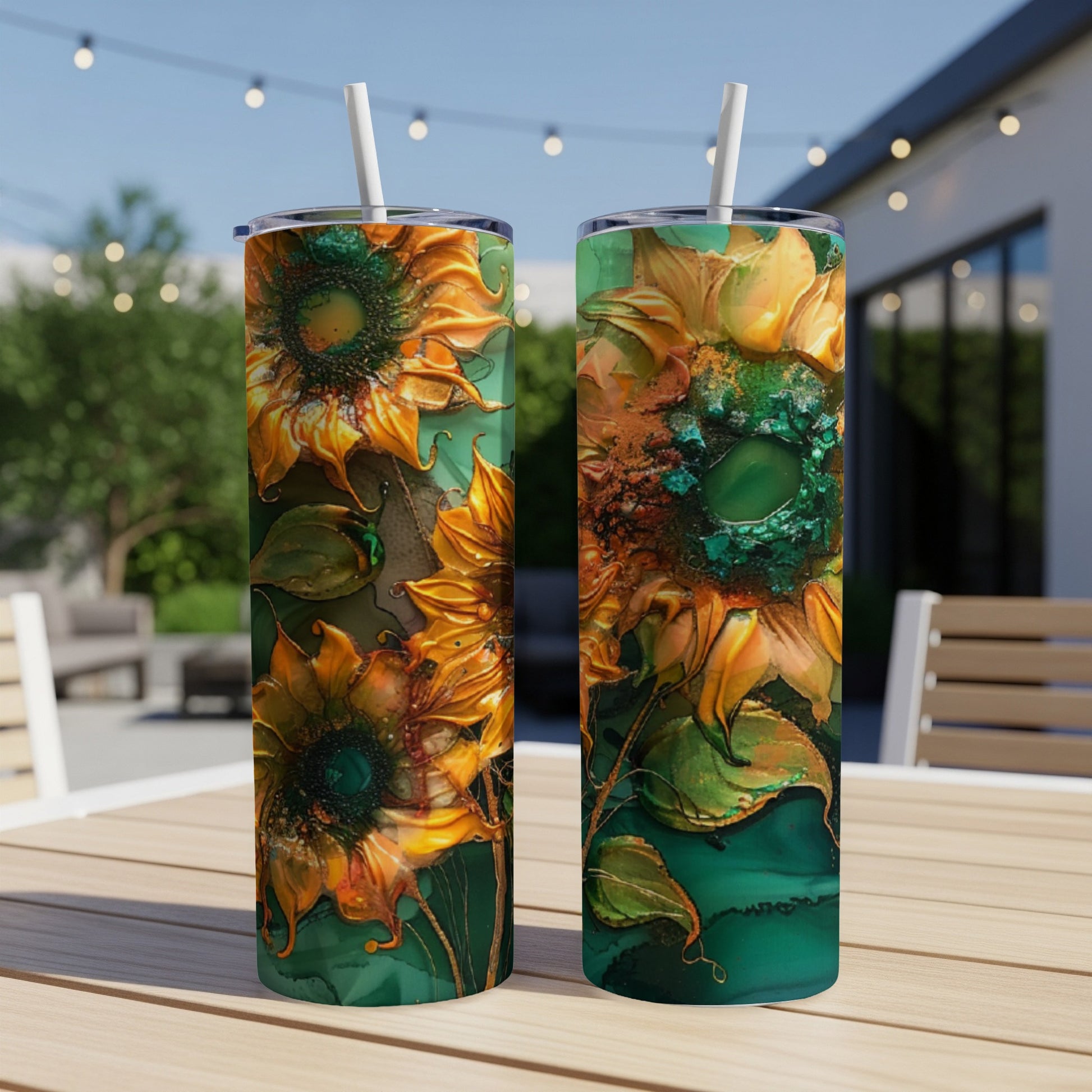 Two tall, skinny tumblers with vibrant, textured sunflower designs.