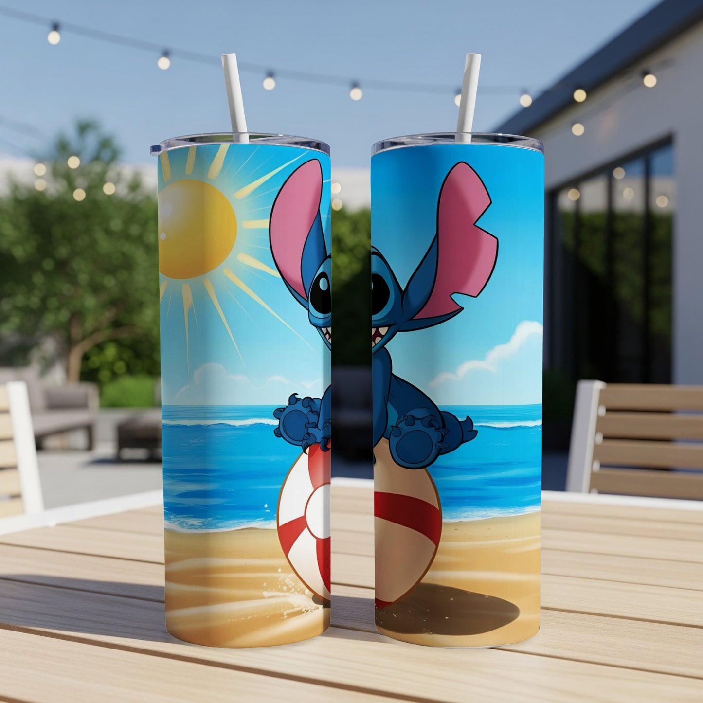 Stitch sitting on a life preserver on a beach, with a straw.
