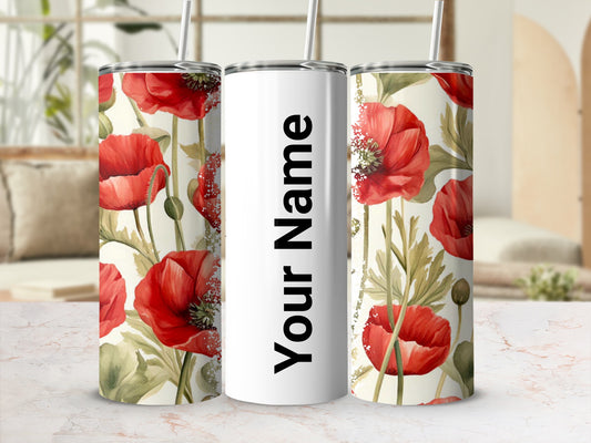 Personalized Poppy Flower Design Tumbler with Straw
