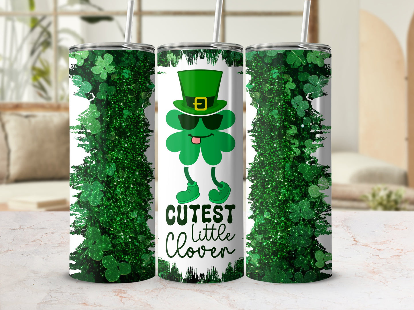 Green glitter shamrock with sunglasses and "Cutest Little Clover" text.
