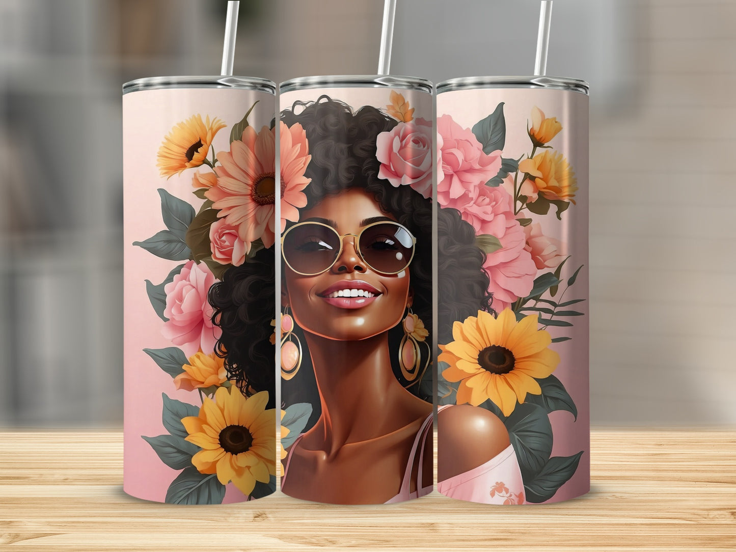 Woman with flowers and sunglasses on a pink background tumbler.
