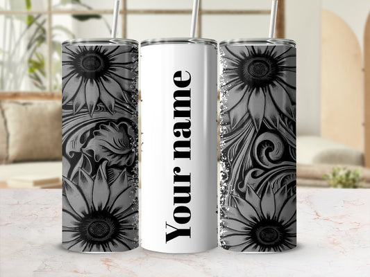 Custom Black And White Floral Personalized Tumbler