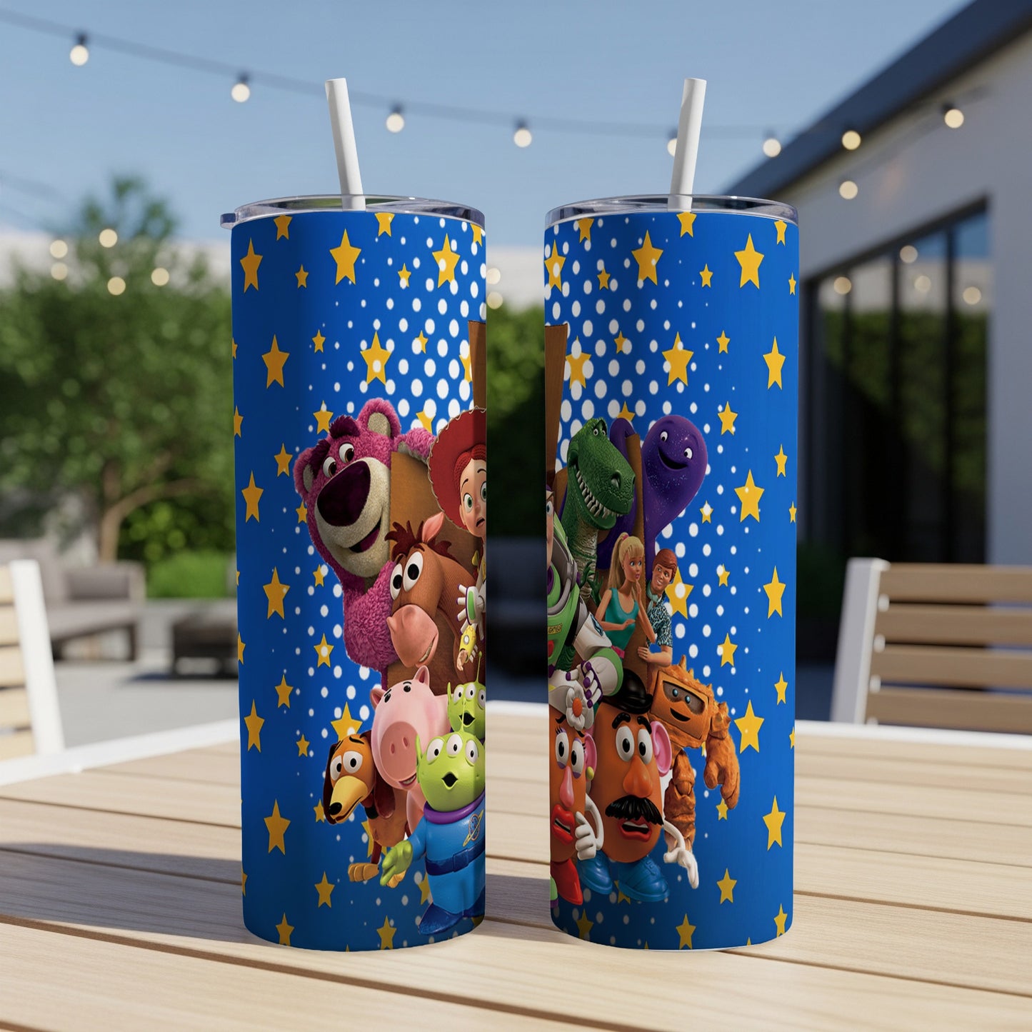 Toy Story characters on blue star-patterned tumblers with straws.