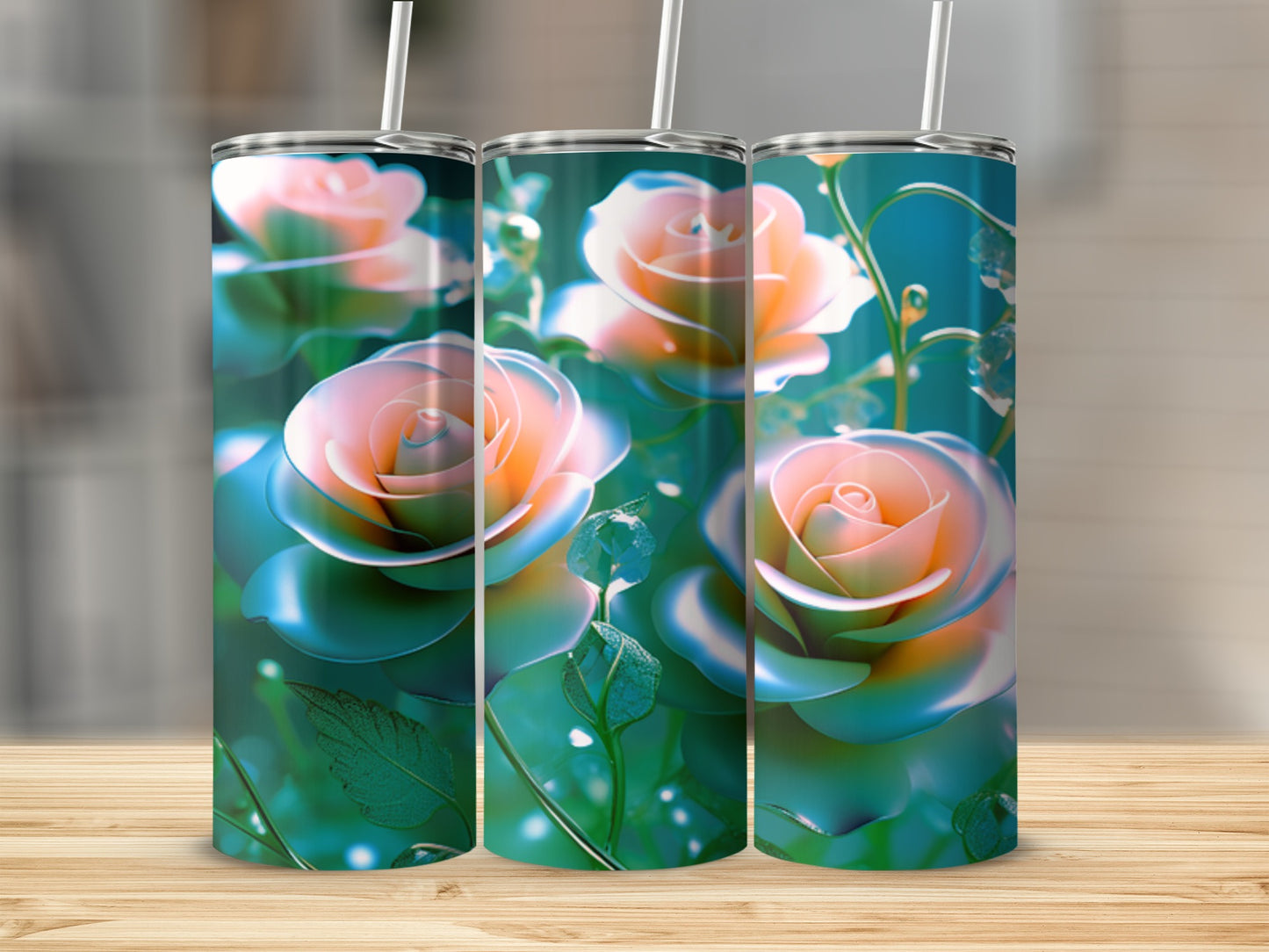 Three tumblers with a gradient rose floral design.