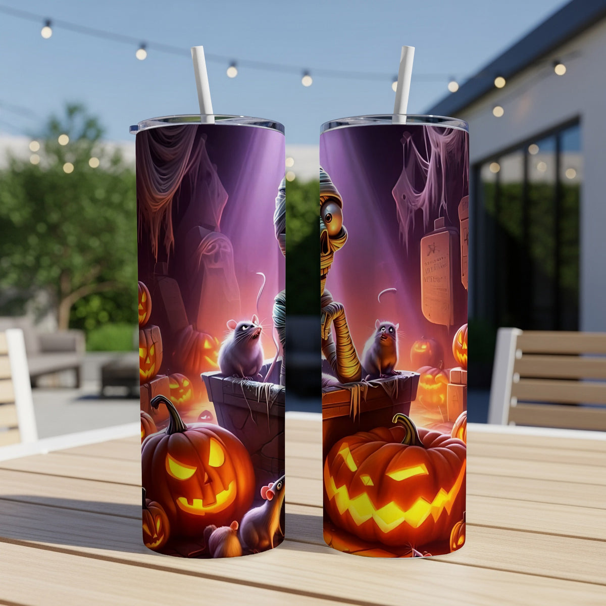 Two tumblers with a Halloween mummy and mice design, surrounded by pumpkins.