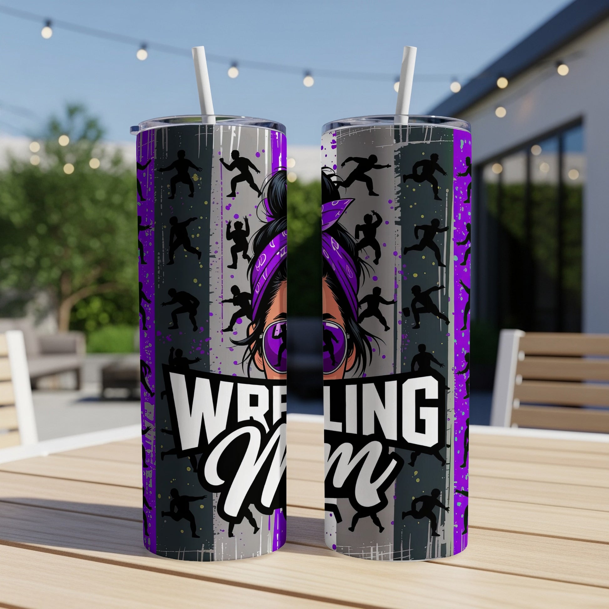 Two purple and grey tumblers with "Wrestling Mom" and wrestler silhouettes.