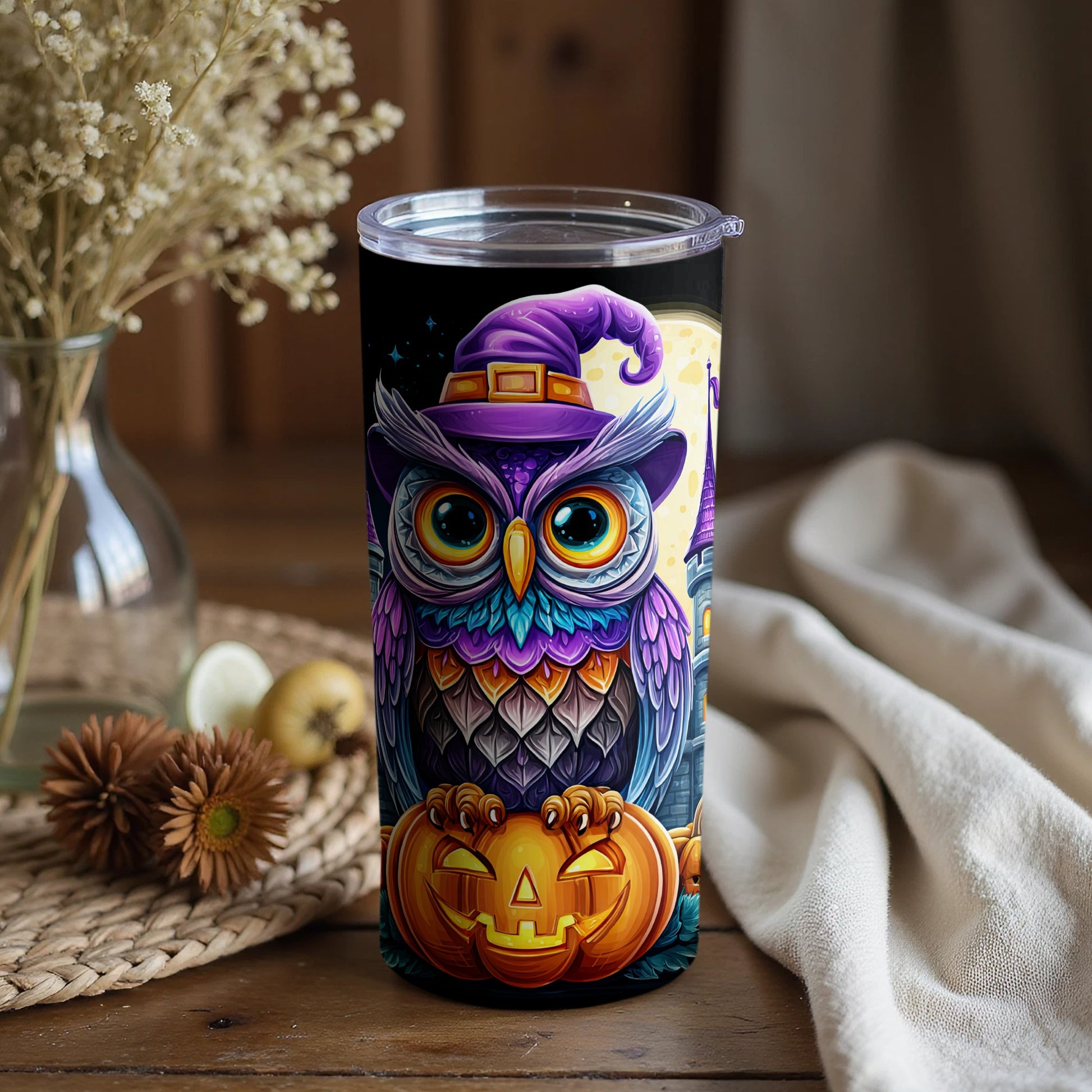 Colorful Halloween Owl with Pumpkins Tumbler