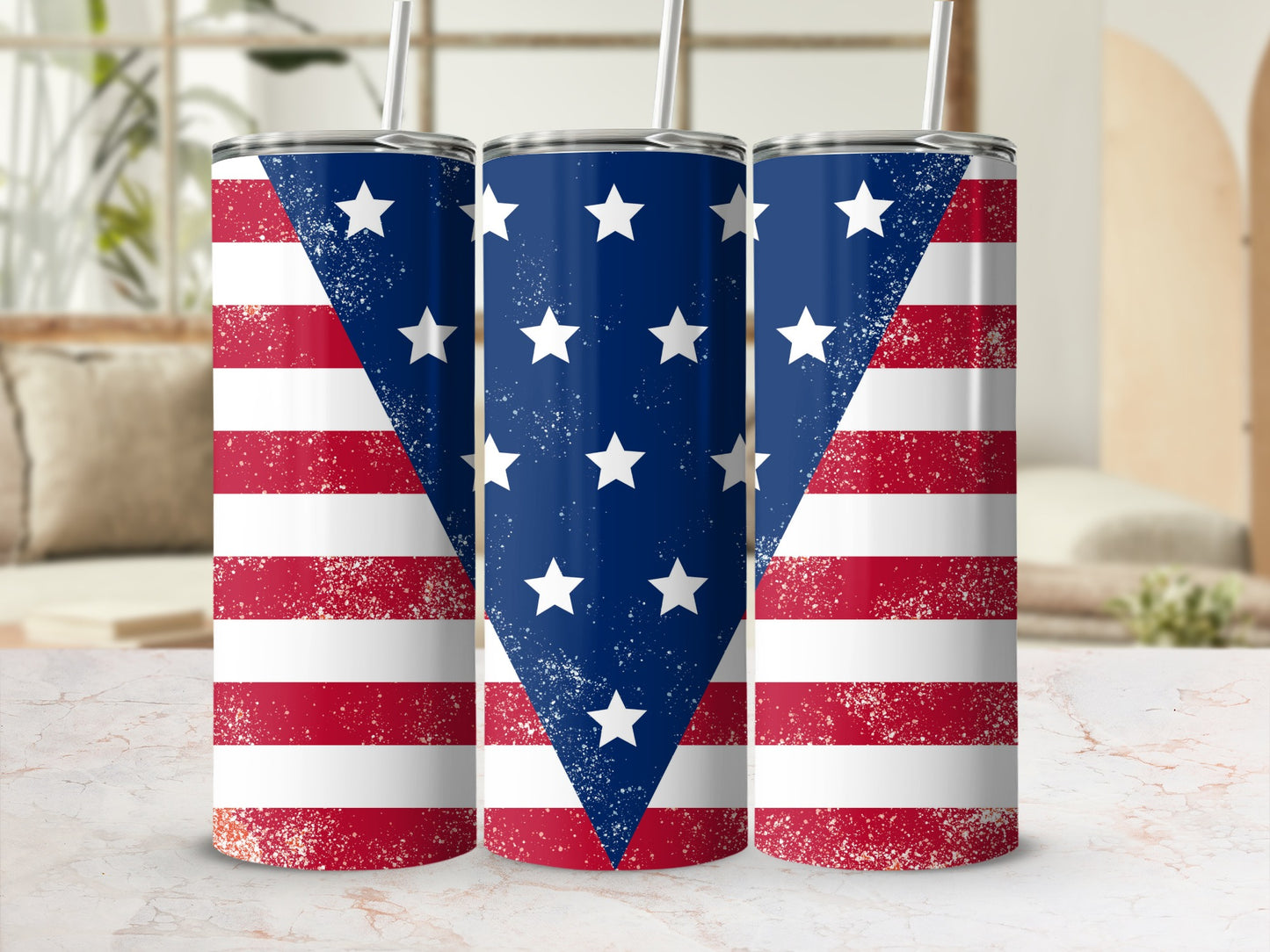 Three tumblers with an American flag design arranged in a row.