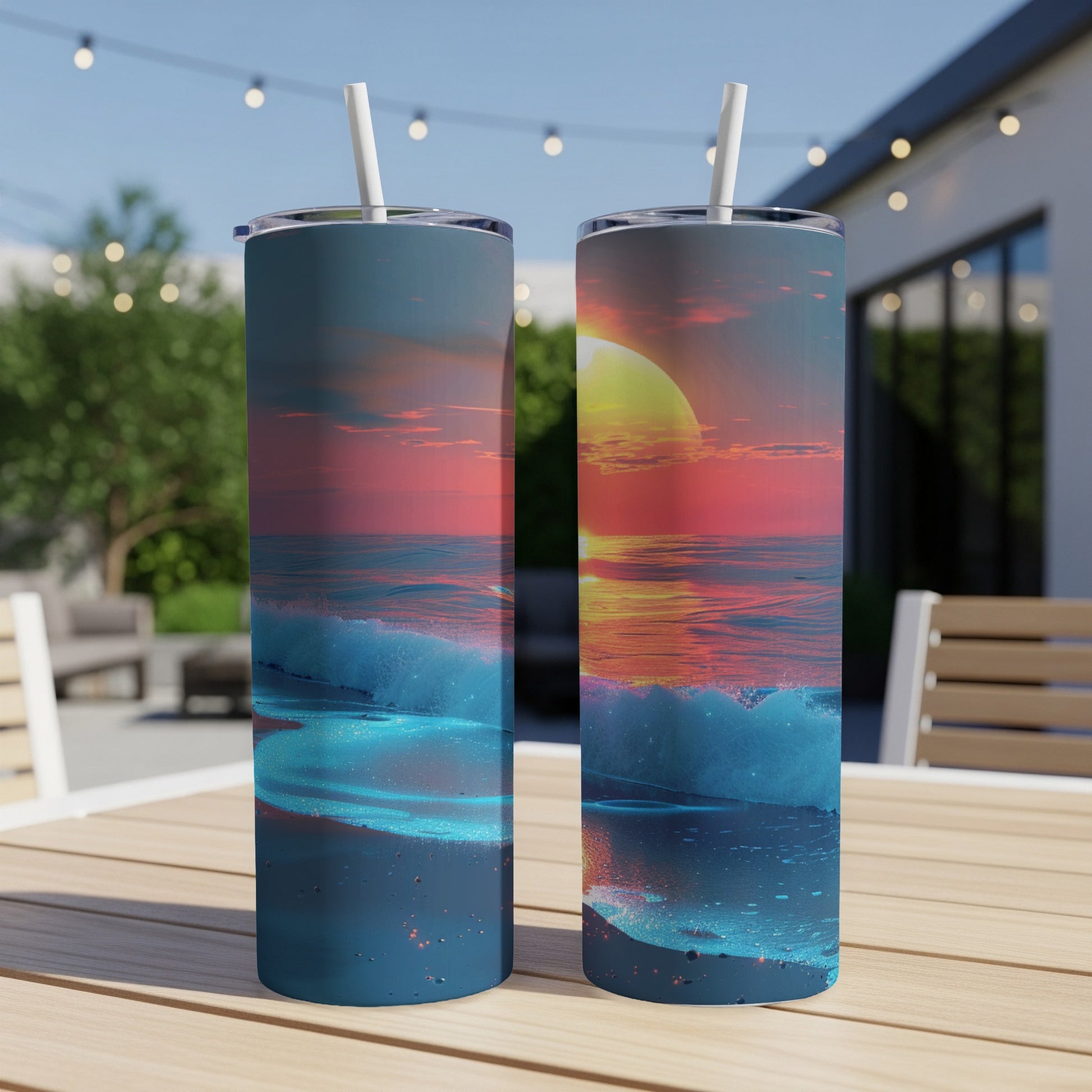 Two tumblers with a sunset ocean wave design sit on a wooden table.