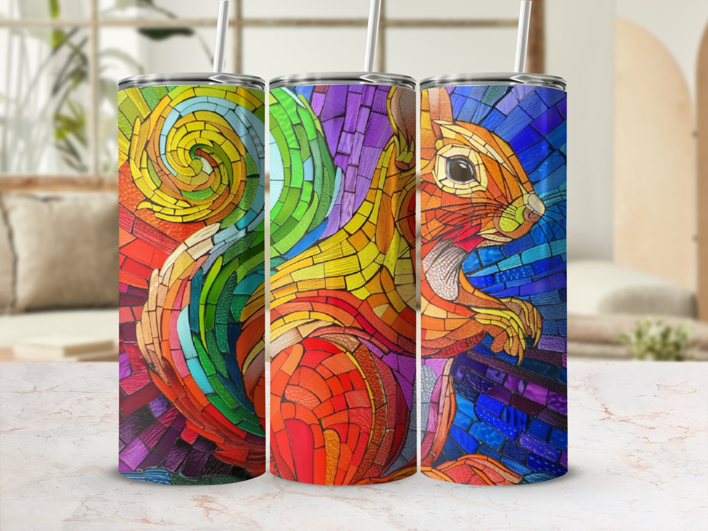 Colorful mosaic squirrel tumbler with straw.