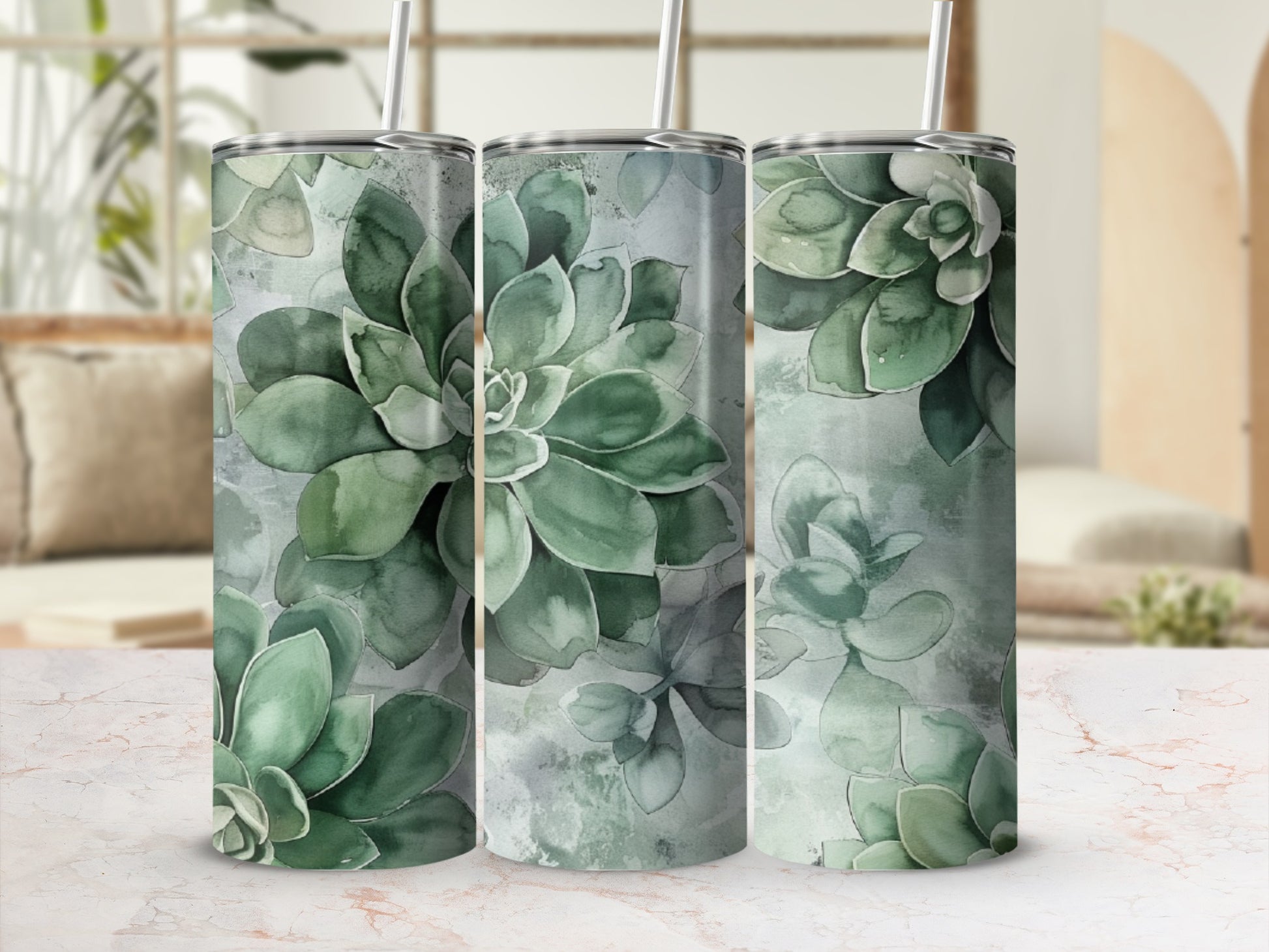 Three tumblers with a green succulent floral watercolor design.