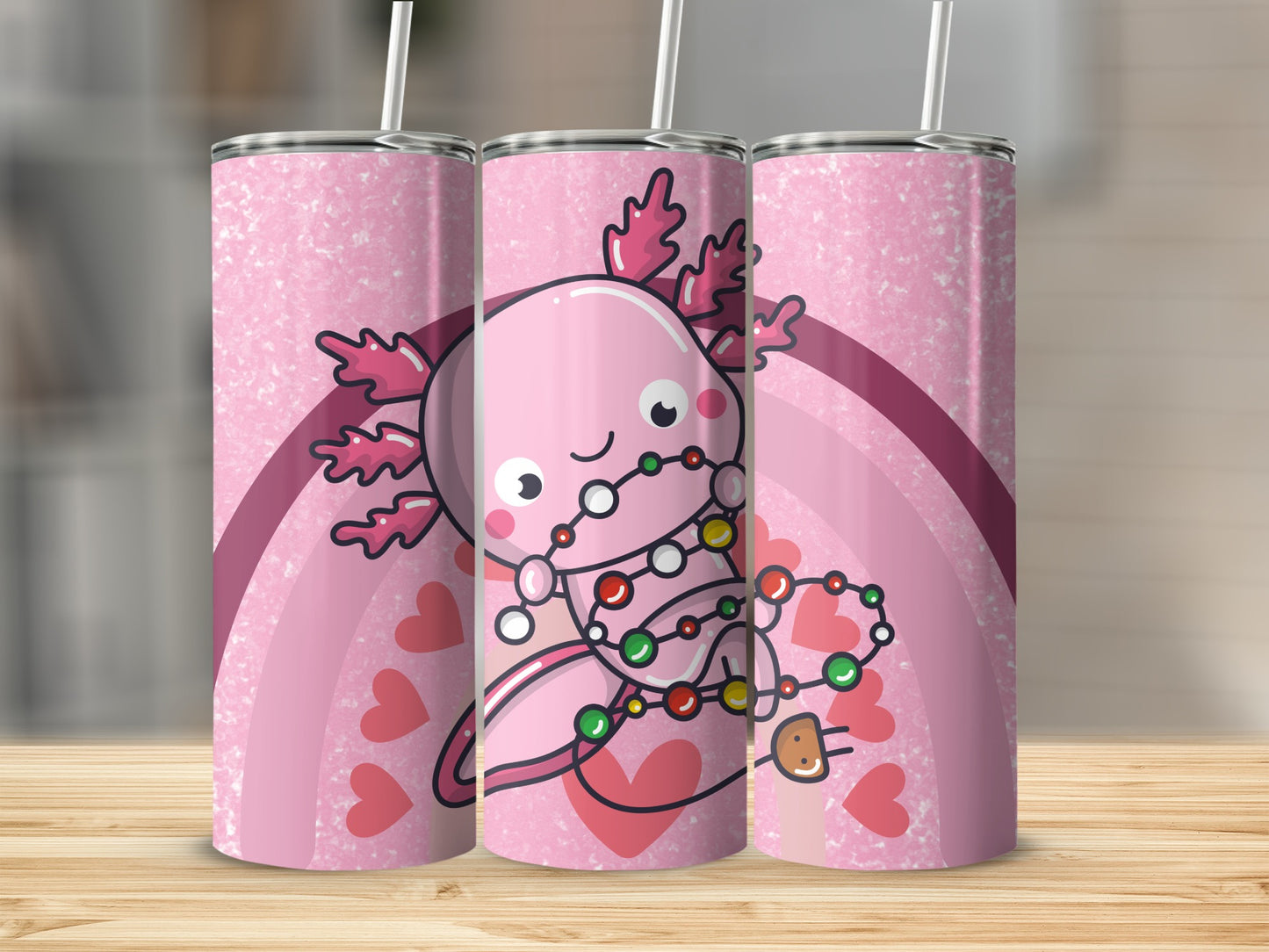 Adorable Axolotl Tumbler With Hearts and Rainbow