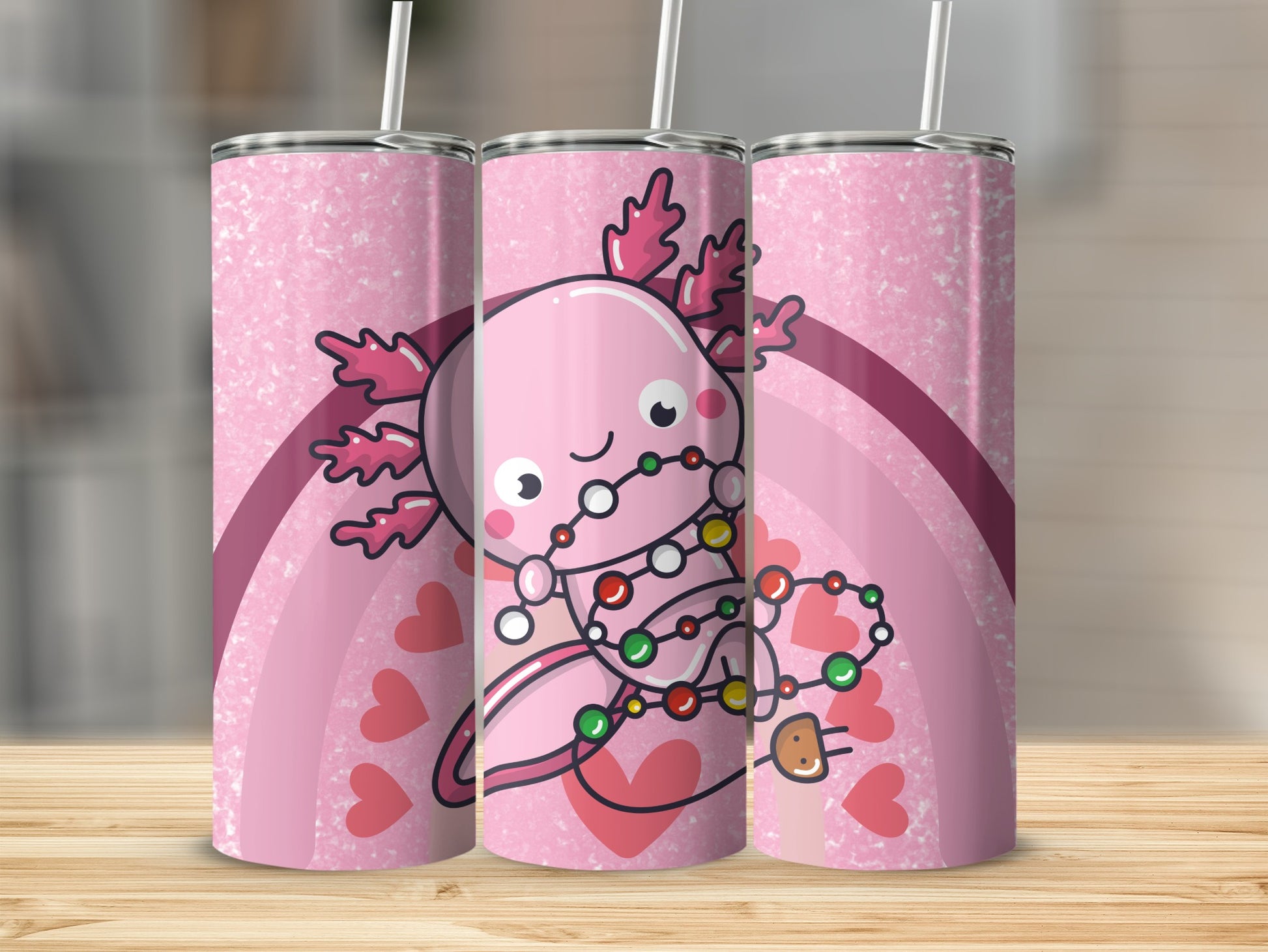Adorable Axolotl Tumbler With Hearts and Rainbow