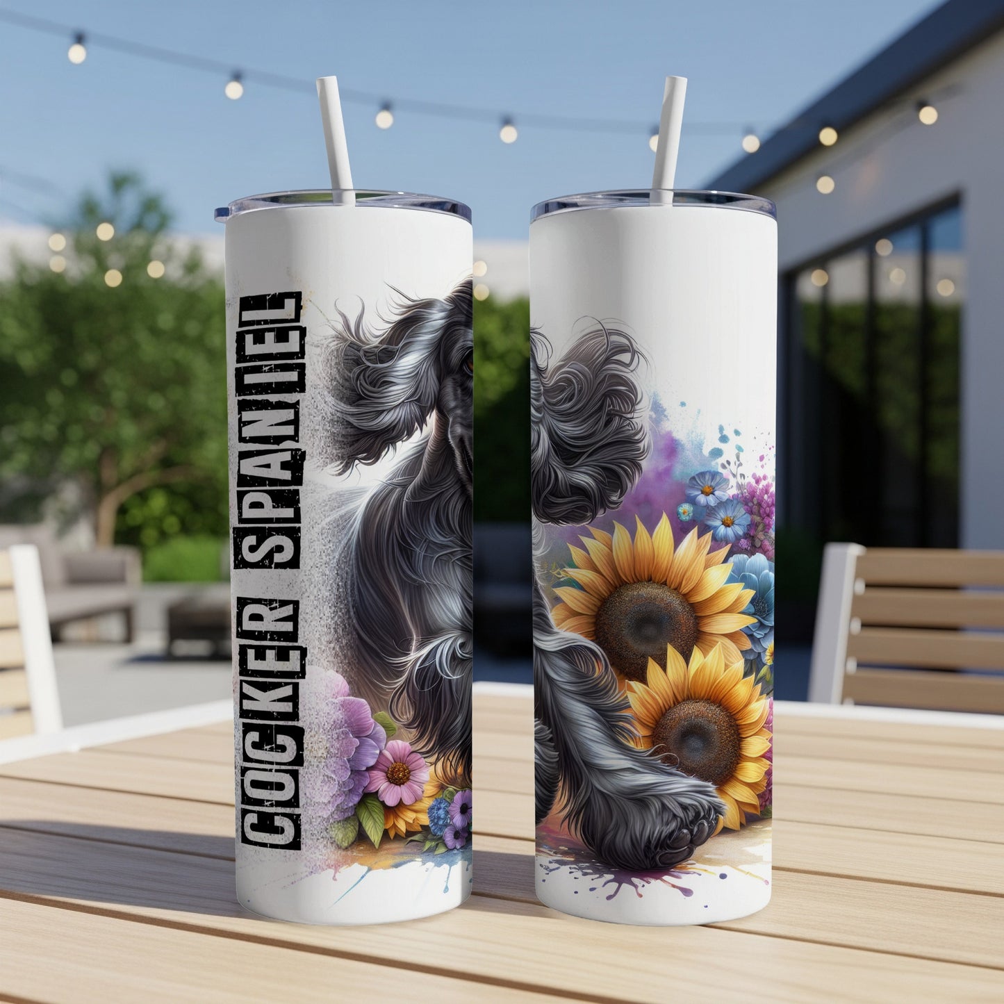 Black dog with sunflowers on a white tumbler.