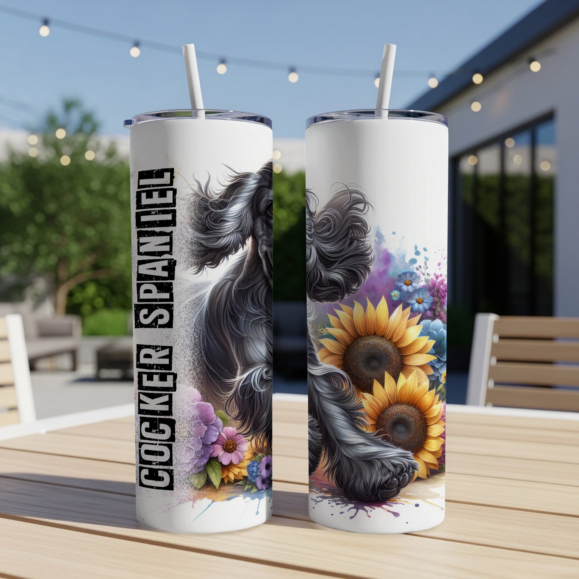 Black dog with sunflowers on a white tumbler.