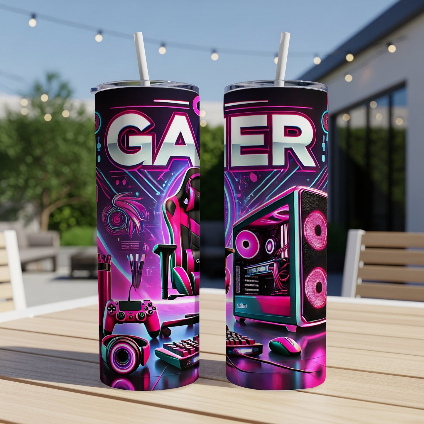 Gaming tumbler with neon pink and blue graphics and the word "GAZER".