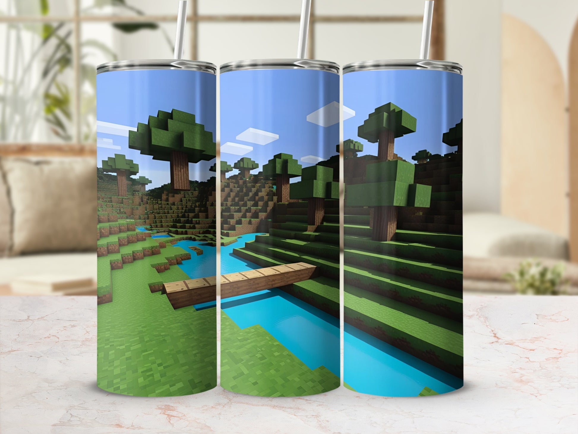Minecraft-inspired landscape with trees, water, and a wooden bridge.